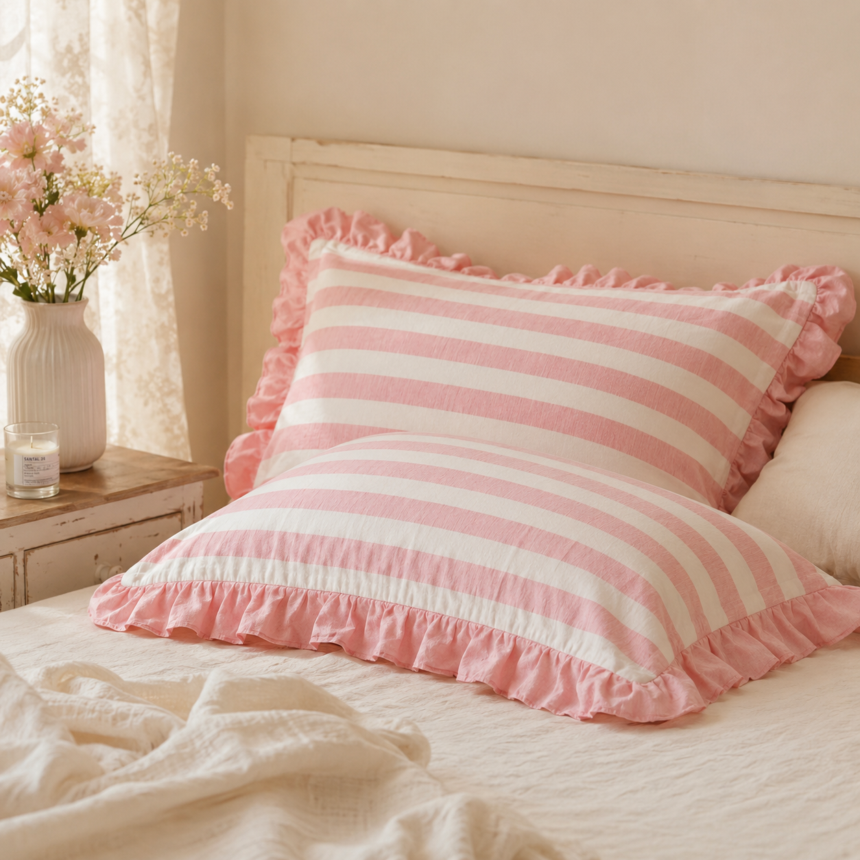 COTTON PILLOWCASE STRIPES PINK